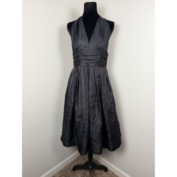 Adrianna Papell Dresses & Skirts - Adrianna Papell Black Halter Cocktail Dress Size 12 Pleated Satin Fit & Flare